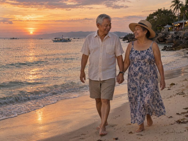 Couple walking along a tropical beach at sunset